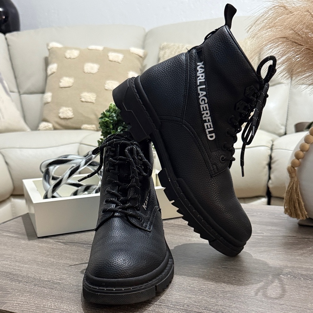 Karl Lagerfeld Textured Black Lace-Up Boots